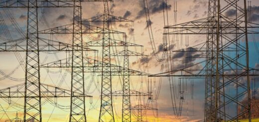 electricity, electricity pylons, power lines, high voltage pylons, high voltage, high voltage line, electric cable, industry, energy, technology, electrics, nature, sunset, multicoloured, clouds, power line, orange, yellow, blue