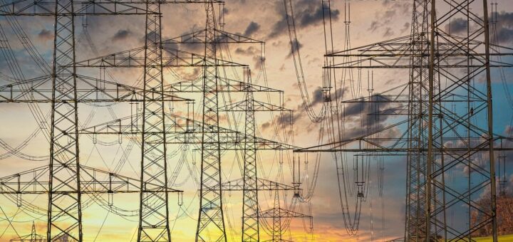 electricity, electricity pylons, power lines, high voltage pylons, high voltage, high voltage line, electric cable, industry, energy, technology, electrics, nature, sunset, multicoloured, clouds, power line, orange, yellow, blue