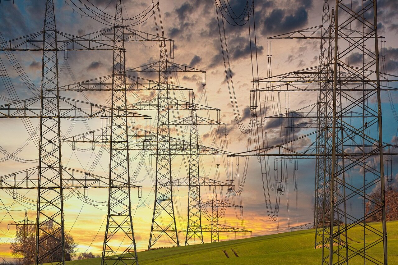electricity, electricity pylons, power lines, high voltage pylons, high voltage, high voltage line, electric cable, industry, energy, technology, electrics, nature, sunset, multicoloured, clouds, power line, orange, yellow, blue